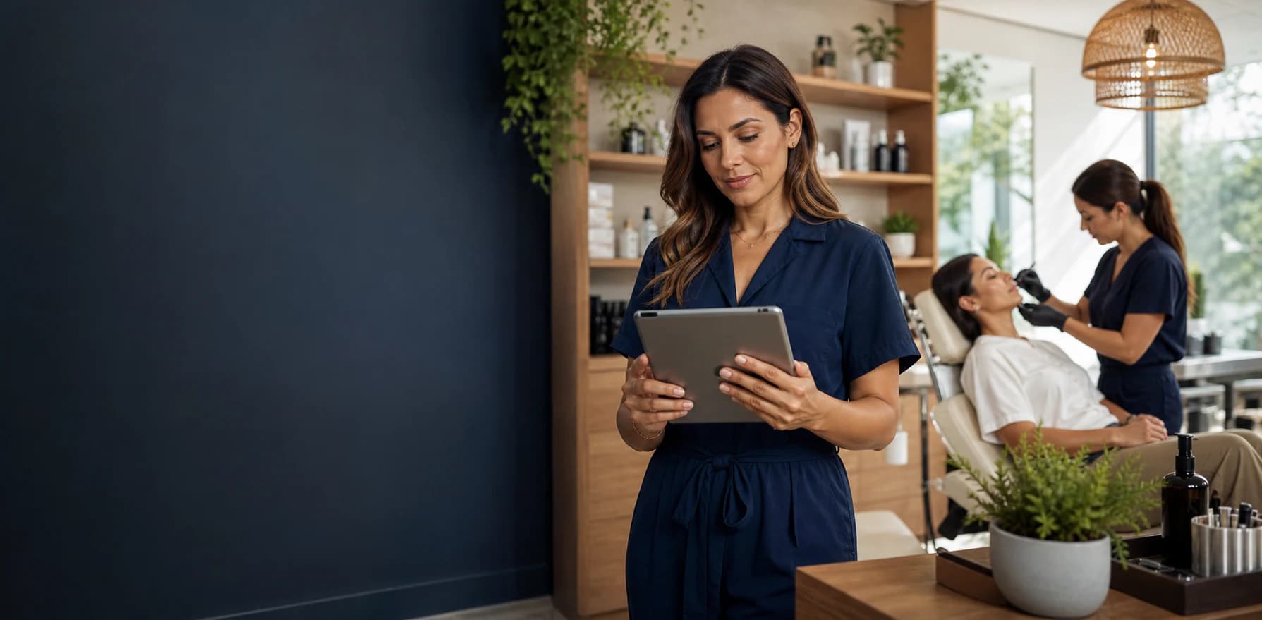 Dueña de un negocio revisando su agenda digital mientras su equipo atiende a una clienta